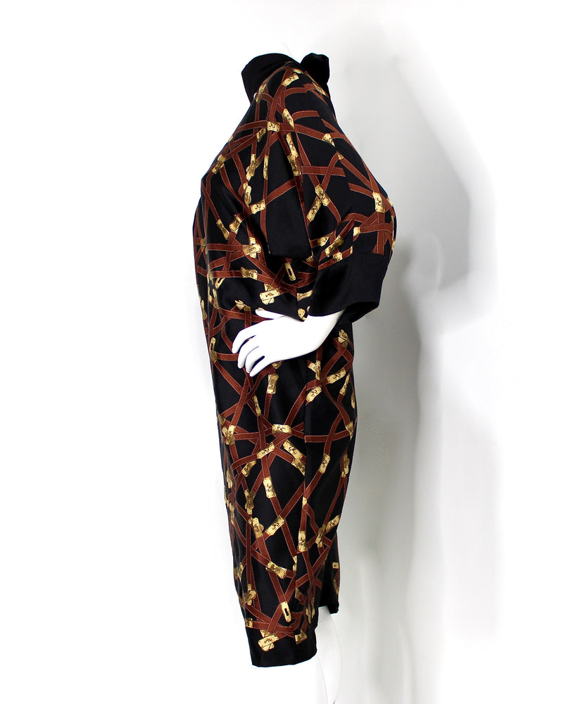 Hermes Black Silk Print Dress With Neck Tie circa 1990s