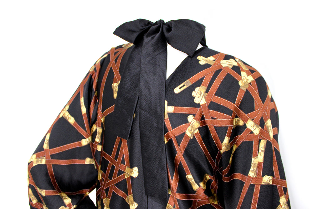 Hermes Black Silk Print Dress With Neck Tie circa 1990s