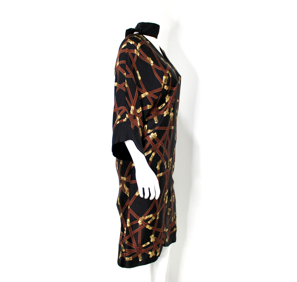 Hermes Black Silk Print Dress With Neck Tie circa 1990s