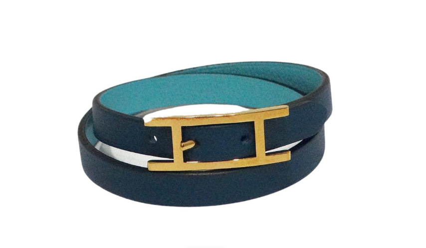 Hermes Behapi Double Tour Two-Toned Blue Leather Wrap Bracelet