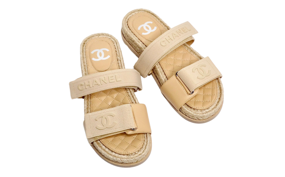 Chanel Beige Lambskin Espadrille Strap Sandals