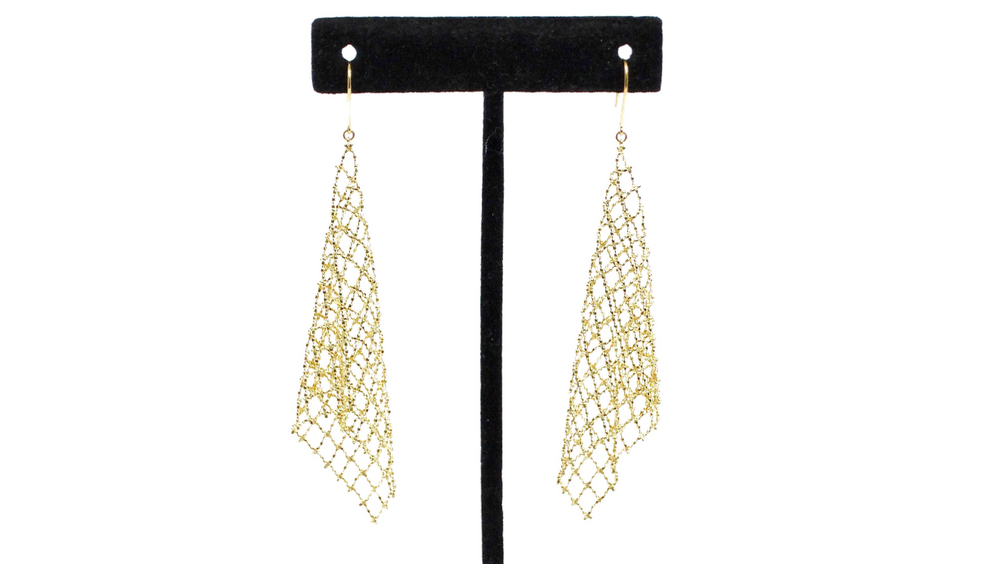 18k Yellow Gold Mesh Wire Chandelier Earrings