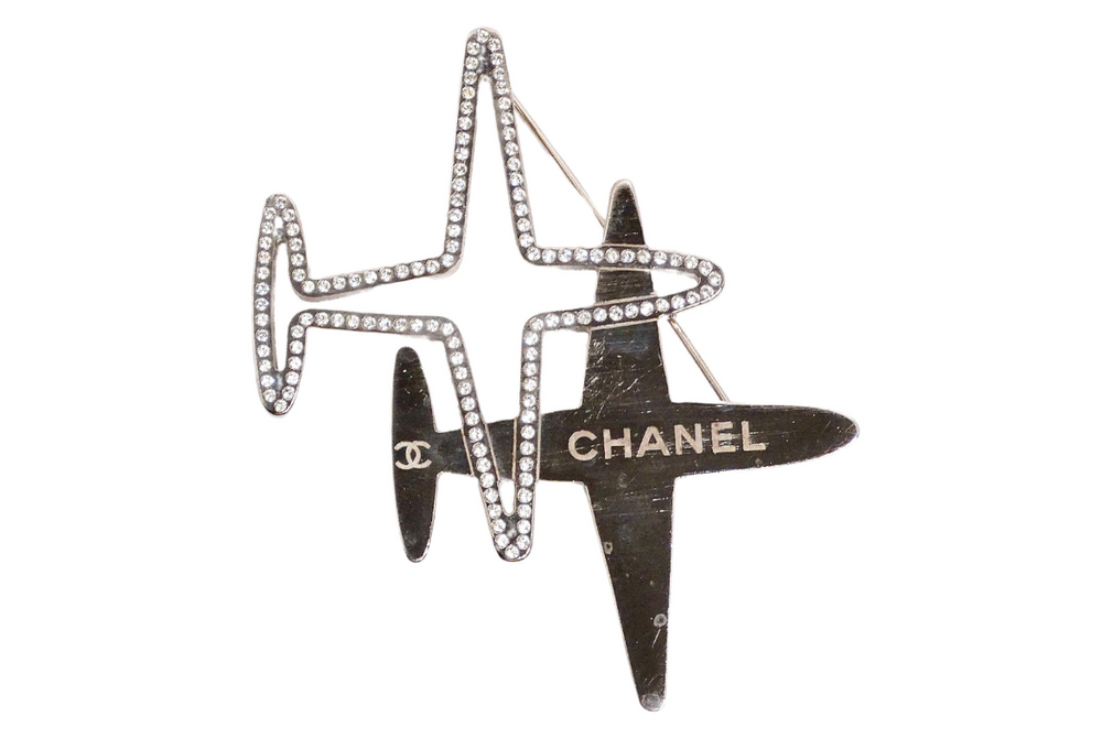 Chanel Double Airplane Crystal Silver-Tone Brooch Circa 2016