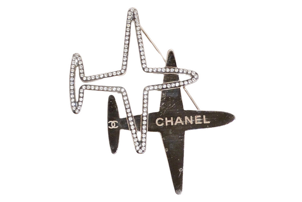 Chanel Double Airplane Crystal Silver-Tone Brooch Circa 2016 Chanel Double Airplane Crystal Silver-Tone Brooch Circa 2016