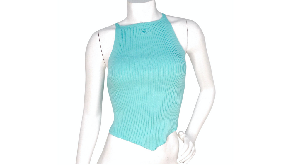 Courreges Ribbed Knit Pointed Hem Teal Tank Top