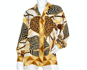 Tom Ford for Gucci 1993 Runway Animal Print Silk Collared Button Down Blouse