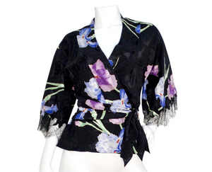 John Galliano Circa 2005 Black Kimono Style Floral Silk Top