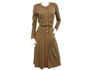 Chanel 1980s Brown Wool Button Up Pleated Long-Sleeve Dress