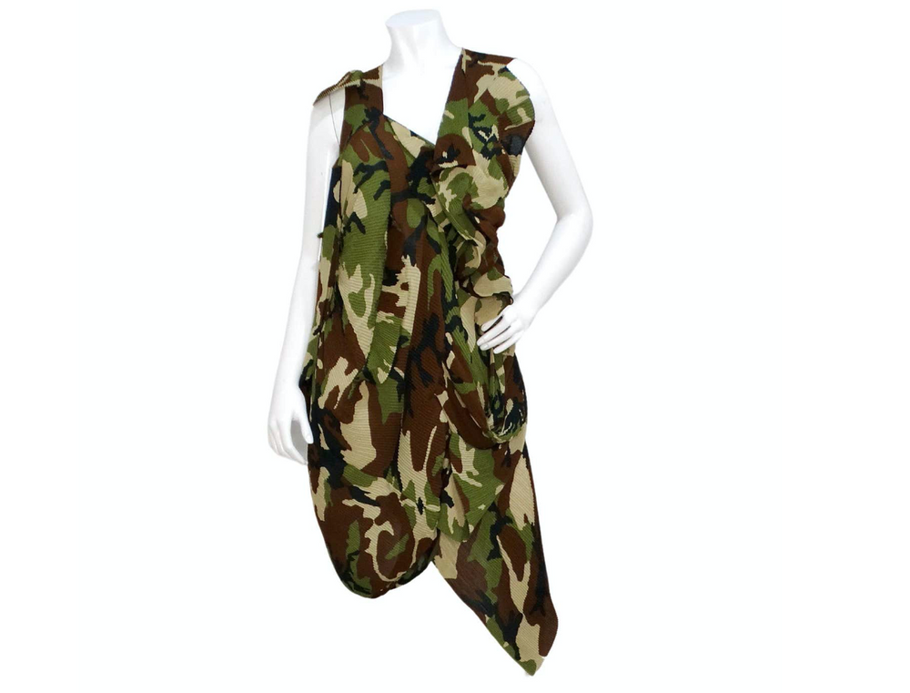 Junya Watanabe CDG 2010 Runway Green Camo Print Pleated Asymmetrical Dress