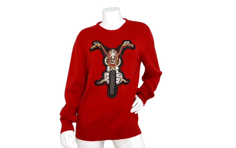 Versace 2014 Runway Red Cashmere Embellished Motorcycle Motif Crewneck Sweater