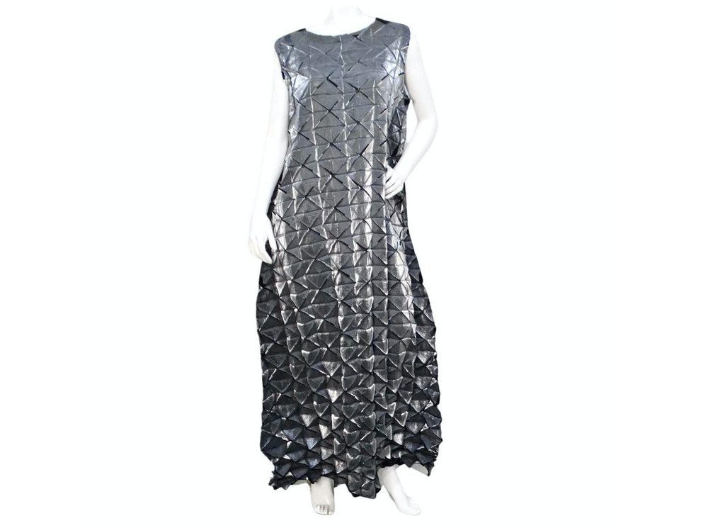 Issey Miyake 1990s Silver Frost Geometric Pleated Sleeveless Maxi Dress