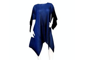 Issey Miyake 1990s Pleats Please Blue & Black Striped Asymmetric Tunic