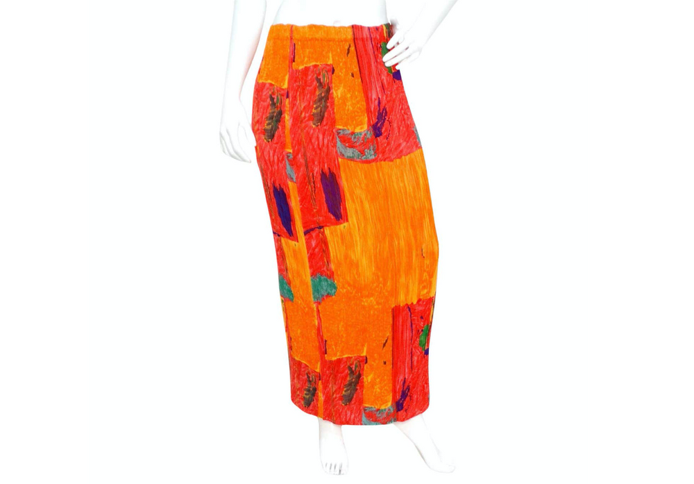 Issey Miyake Orange Abstract Print Pleated Maxi Skirt