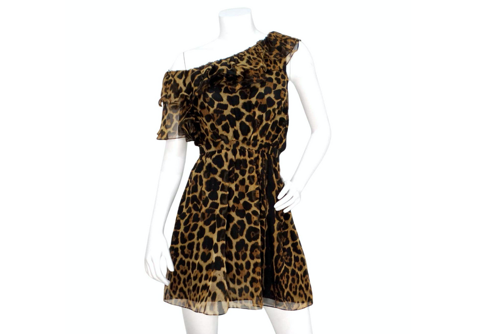Saint Laurent Leopard Print Silk Off-The-Shoulder Mini Dress Saint Laurent Leopard Print Silk Off-The-Shoulder Mini Dress