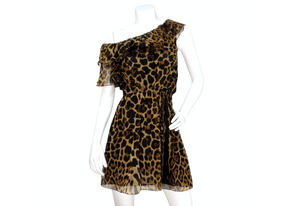 Saint Laurent Leopard Print Silk Off-The-Shoulder Mini Dress