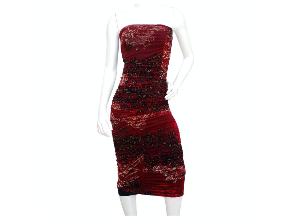 Fuzzi 1990s Burgundy Animal Print Mesh Strapless Midi Dress