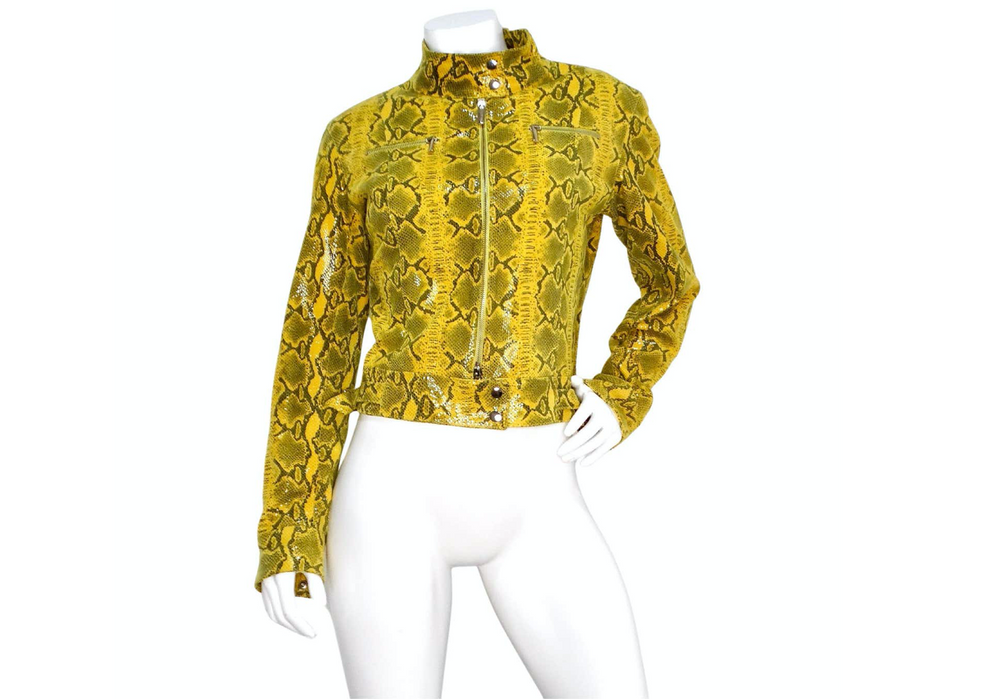 Y2K Yellow Python-Print Suede Biker Style Jacket