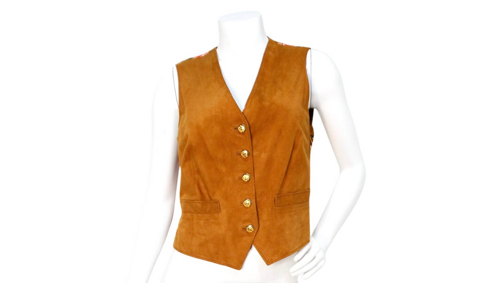 Brown Suede and Silk Printed Horse & Flowers Motif Vest