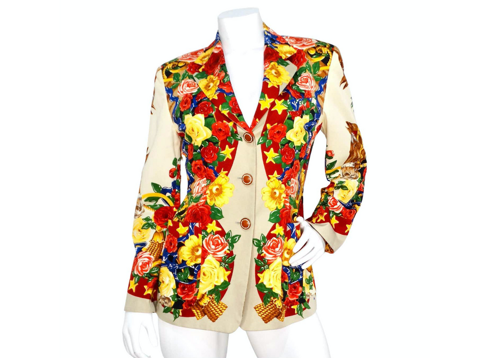 Horse and Flower Print Cream Blazer With Leather Buttons