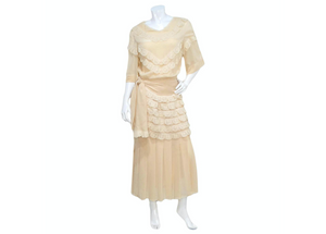 Chloe by Karl Lagerfeld Circa 1970s Cream Blush Tiered Lace & Pleated Dress Chloe by Karl Lagerfeld Circa 1970s Cream Blush Tiered Lace & Pleated Dress