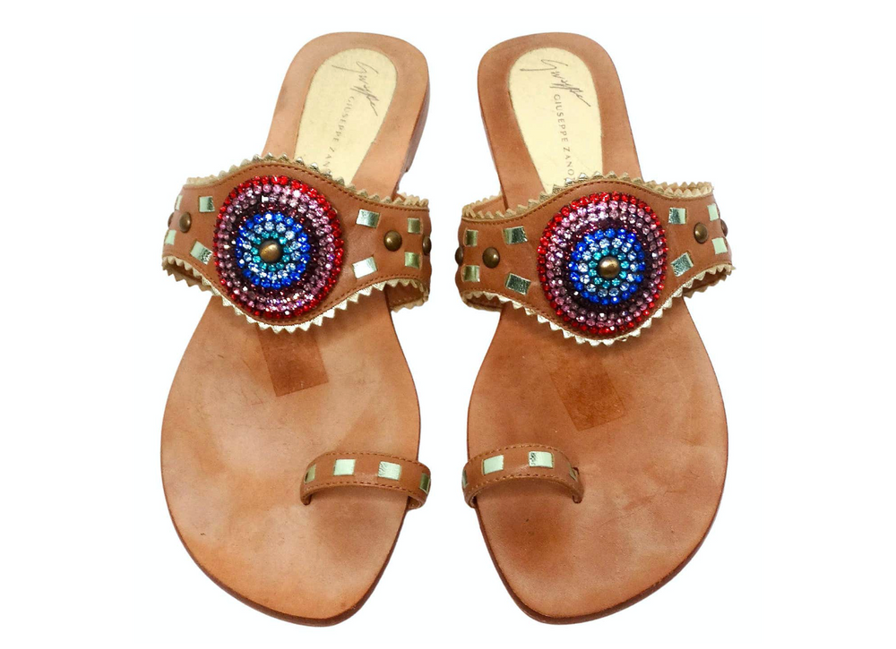 Giuseppe Zanoti Brown Leather Rainbow Rhinestone Sandals