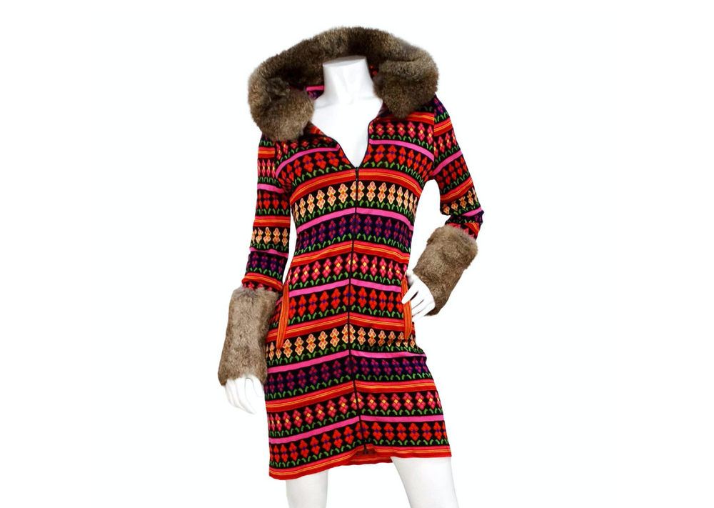 John Galliano Y2K Multicolor Print Hooded Dress With Rabbit Fur Trim