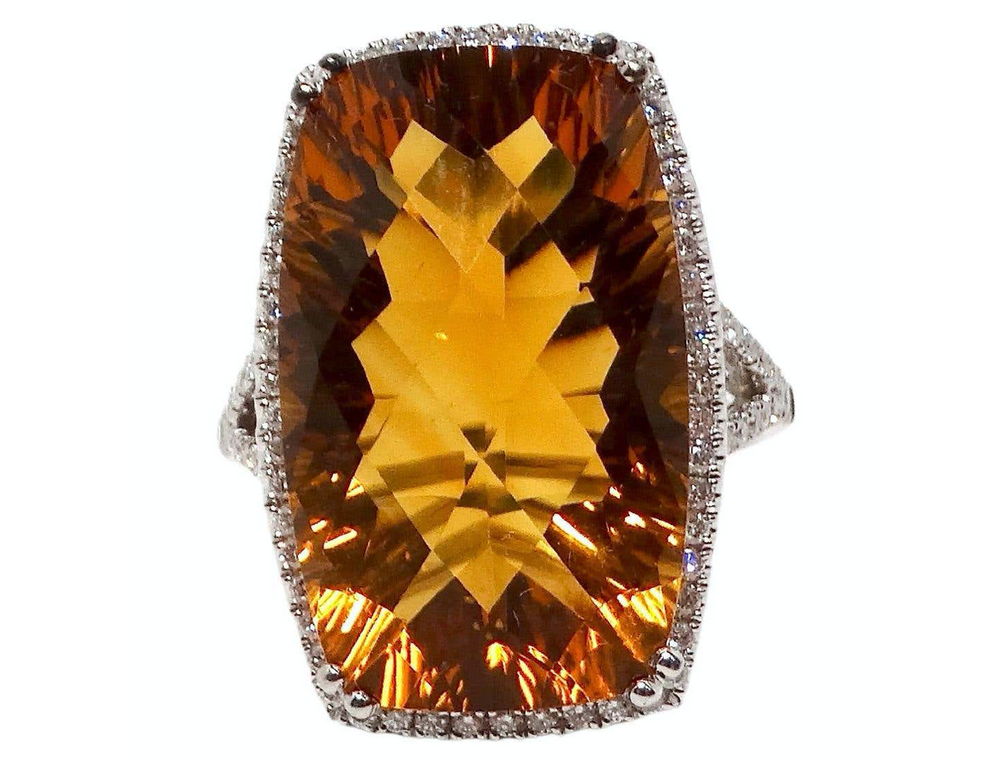 Honey Citrine White Gold  With Diamonds Cocktail Ring