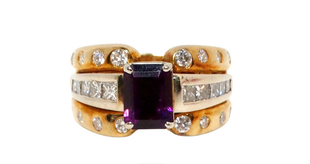 Emerald Cut Amethyst 14k Gold Cocktail Ring With Diamond Accents