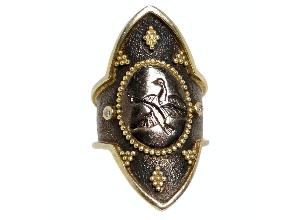 Sterling Silver Dancing Swans Shield Ring With Gold Plated & Diamond Accents