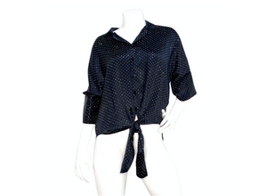 Saint Laurent Navy Silk Button-Up Blouse With Silver Studs