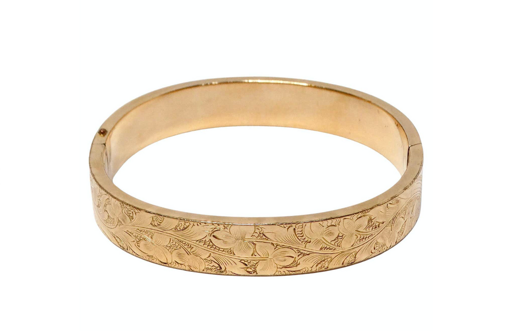 1940s Floral Print Engraved MS & S 14k Gold Shell Bangle