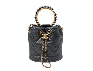 Chanel Gray Metallic Quilted Lambskin Pearl Crown Drawstring Bucket Bag