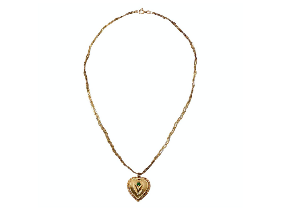 1961 Heart-Shaped Engraved 14k Gold Locket Necklace With Emerald Flower Motif