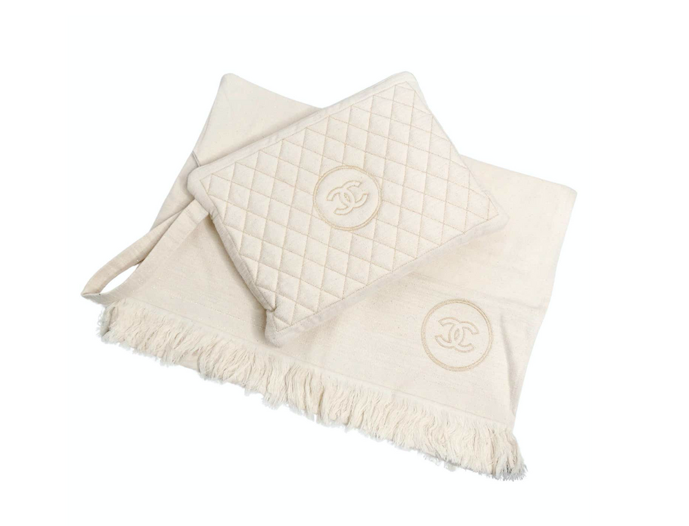 Chanel Cream Quilted Pouch & Cotton Towel Logo 2-Piece Set