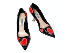 Prada Heart Print Patent Leather Pumps With Heart Shaped Heel