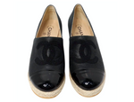 Chanel Black On Black Leather Interlocking CC Espadrille Wedges