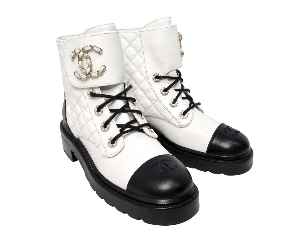 Chanel 2020 White Shiny Goatskin Interlocking CC Logo Combat Boots Vintage by Misty