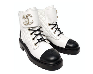 Chanel 2020 White Shiny Goatskin Interlocking CC Logo Combat Boots