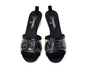 Chanel Black Leather & PVC Slide Sandals With Resin Block Heels