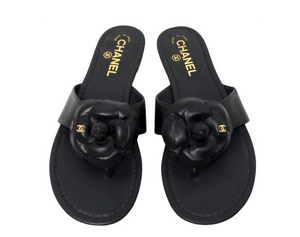 Chanel Camellia Black Lambskin Leather Sandals