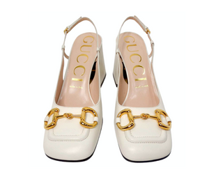 Gucci Cream Leather Horsebit Square-Toe Slingbacks