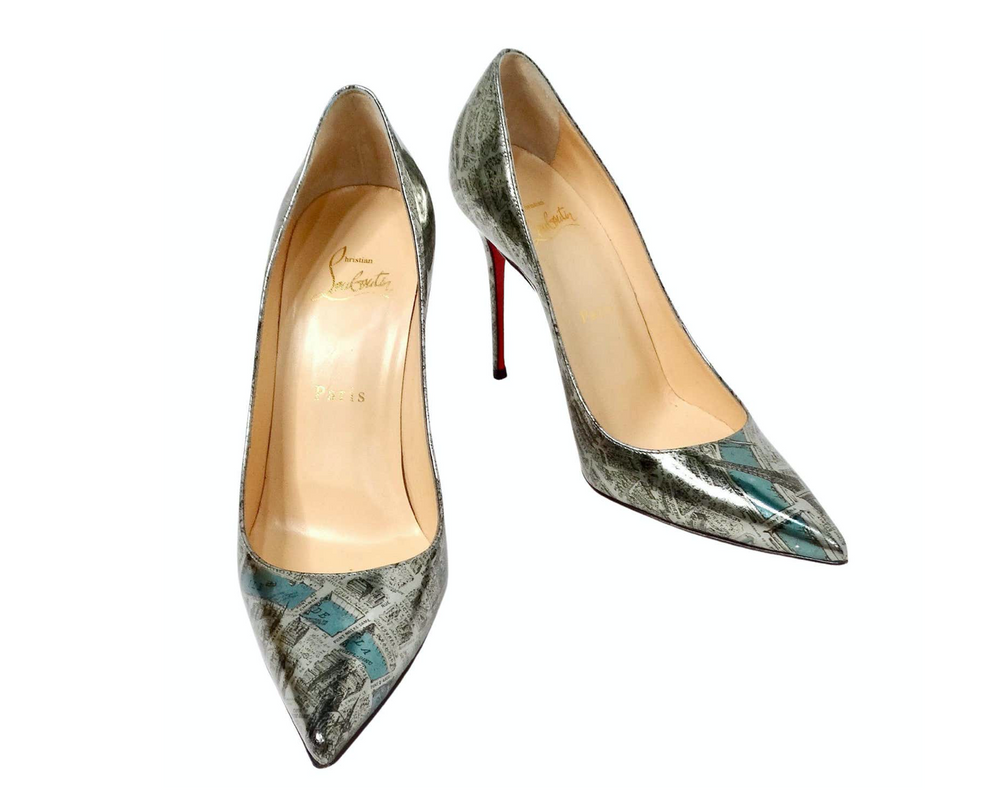 Christian Louboutin Paris Map Metallic Patent Leather Decolette Stiletto Pumps