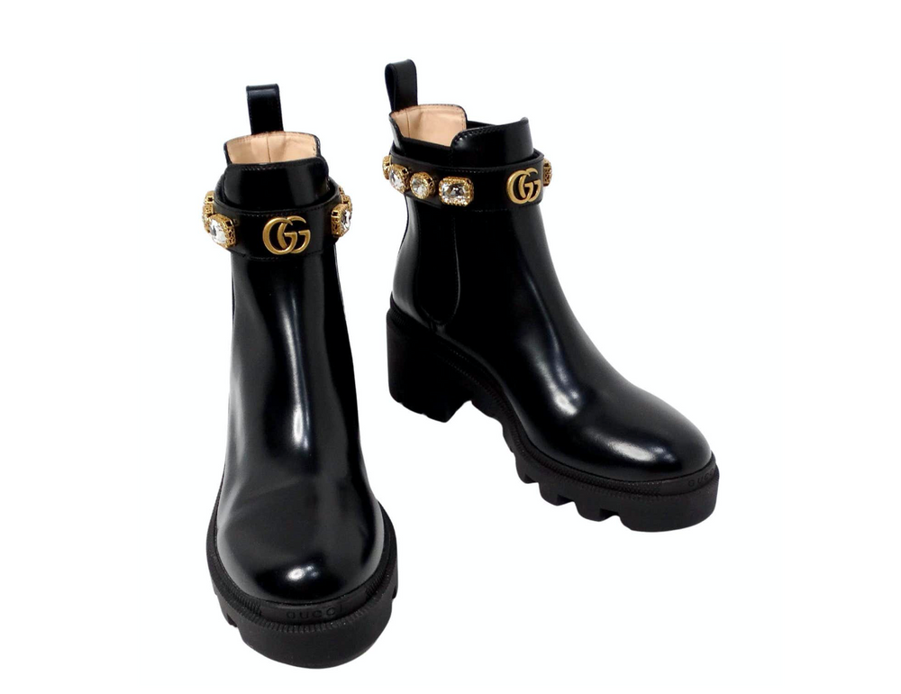 Gucci Black Calfskin Leather Chelsea Ankle Boots with Jewels