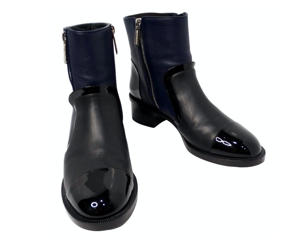 Chanel Navy Blue Black Leather Interlocking CC Logo Ankle Boots