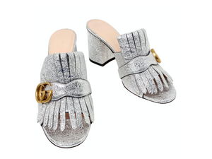 Gucci Silver Metallic Marmont Fringe Mule Sandals