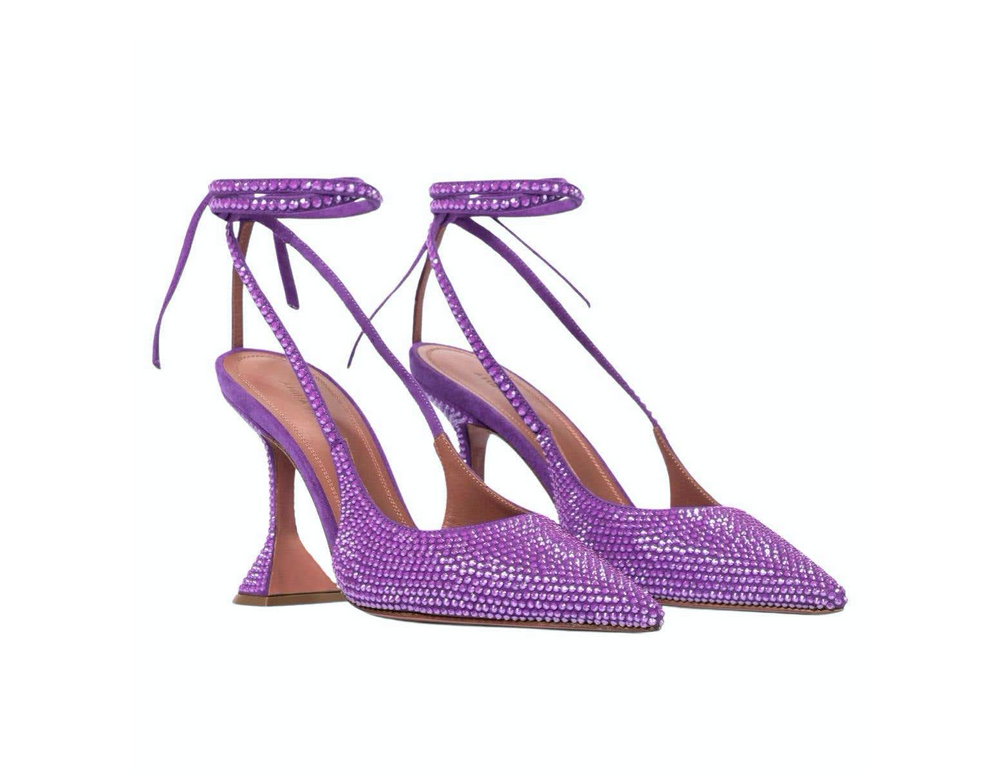 Amina Muaddi Karma Suede Purple Rhinestone Embellished Lace-Up Pumps