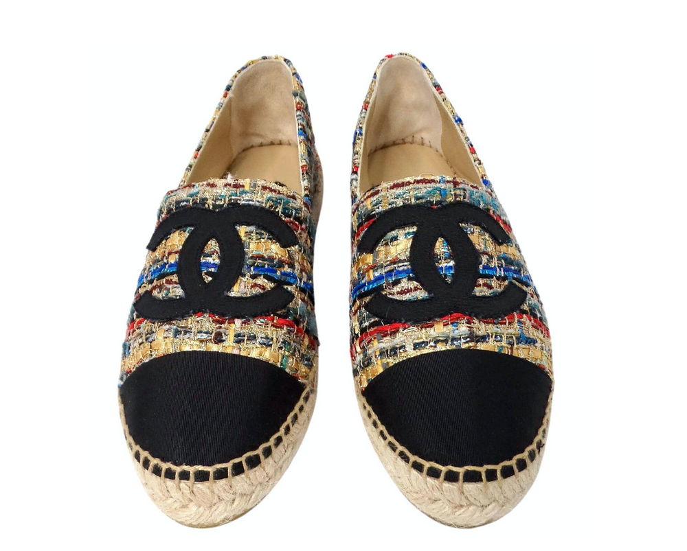 Chanel Tweed Grosgrain Multicolor Interlocking CC Espadrilles