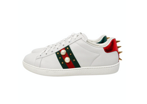 Gucci Ace White Calfskin Faux Pearl Accent & Spike Sneakers