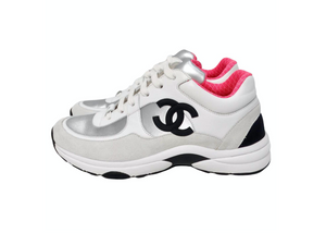 Chanel White Calfskin & Silver Satin Interlocking CC Sneakers