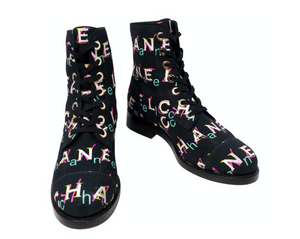 Chanel Black Tweed Printed Lace-Up Combat Boots